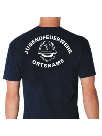T-Shirt blu navy, font "MJH" Jugendfeuerwehr con Feuerwehrhelm e nome del luogo
