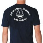 T-Shirt marin, police de caractère "MJH" Jugendfeuerwehr avec Feuerwehrhelm et nom de lieu