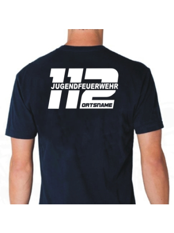 T-Shirt blu navy, font "CBJ2" Jugendfeuerwehr 112 e nome del luogo
