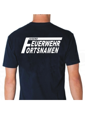 T-Shirt marin, police de caractère "FJ2" Jugendfeuerwehr avec nom de lieu