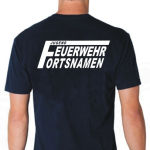 T-Shirt marin, police de caractère "FJ2" Jugendfeuerwehr avec nom de lieu