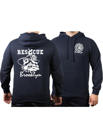 Hoodie blu navy, Rescue 2 Brooklyn with fighting bulldog nel bianco