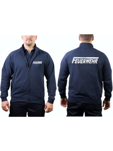 Sweat jacket navy, FEUERWEHR with long "F" in silver-reflective