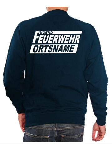 Sweat blu navy, font "FJN" Jugendfeuerwehr con nome del luogo