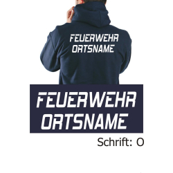 Hoodie navy, font "O" with place-name