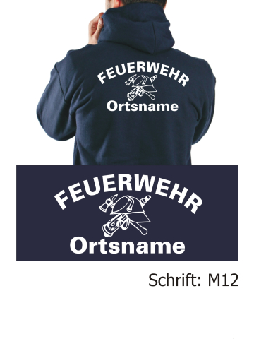 Hoodie navy, font "M12" (DDR-FW-Helm) with place-name
