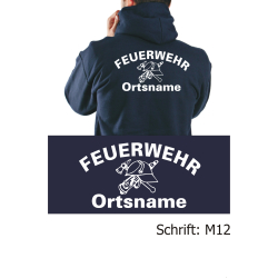Hoodie navy, font "M12" (DDR-FW-Helm) with place-name