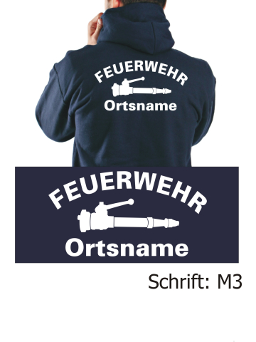 Hoodie navy, font "M3" (Strahlrohr) with place-name