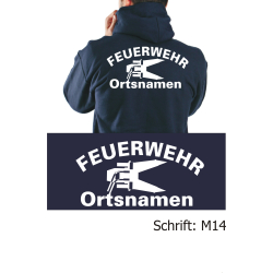 Hoodie navy, font "M14" (Spreizer) with place-name