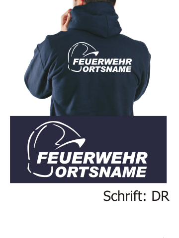 Hoodie navy, font "DR" (Gallethelm) with place-name
