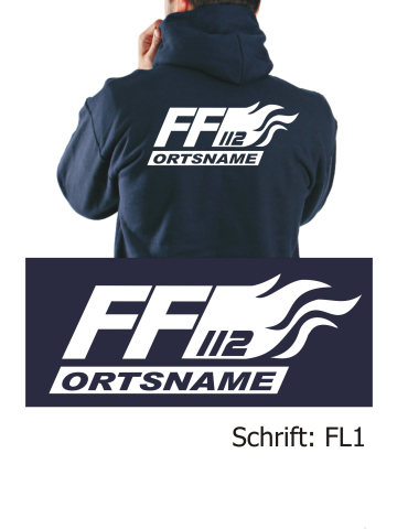 Hoodie navy, font "FL1" (with flames) with place-name