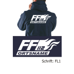Hoodie navy, font "FL1" (with flames) with place-name