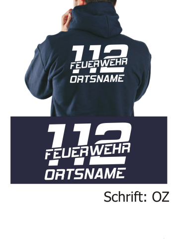 Hoodie navy, font "OZ" (112 FEUERWER) with place-name