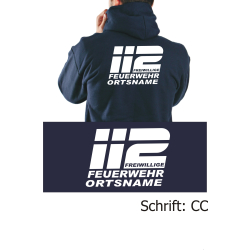 Hoodie navy, font "CC" (112 FF) with place-name