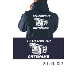 Hoodie navy, font "DL2" with place-name