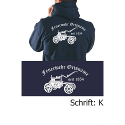 Hoodie navy, font "K" with place-name
