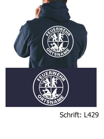 Hoodie navy, with Logo, FEUERWEHR and place-name in Doppelring