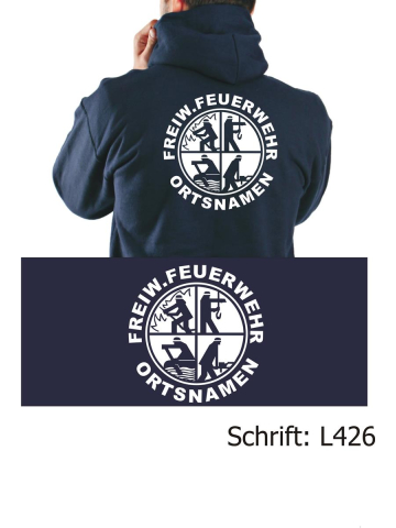 Hoodie navy, with negativem Logo, FREIW. FEUERWEHR and place-name