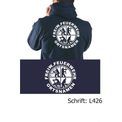 Hoodie navy, with negativem Logo, FREIW. FEUERWEHR and place-name