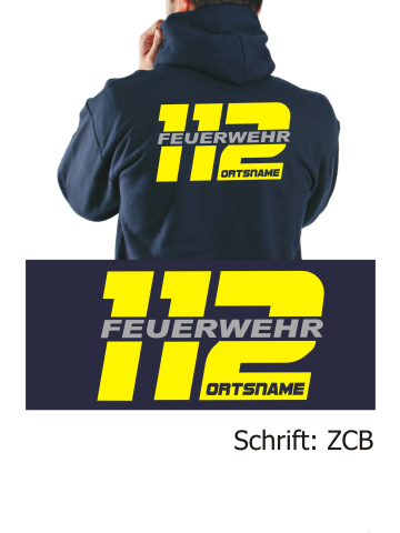 Hoodie navy, font "ZCB" with place-name, neonyellow and silver