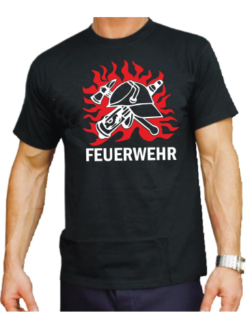 T-Shirt black, Feuerwehr mit DDR-Helm in Flammen (rot/weiß)
