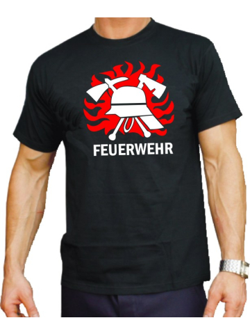 T-Shirt black, Feuerwehr mit DIN-Helm in Flammen (rot/weiß)