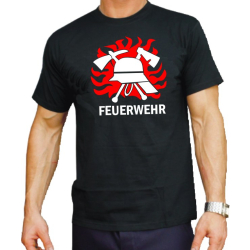 T-Shirt noir, Feuerwehr avec DIN-Helm dans Flammdans...