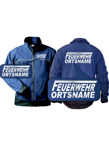 Veste WorkSoftshell marin, FEUERWEHR (réfléchissant), beidseitig police de caractère "F" avec nom de lieu