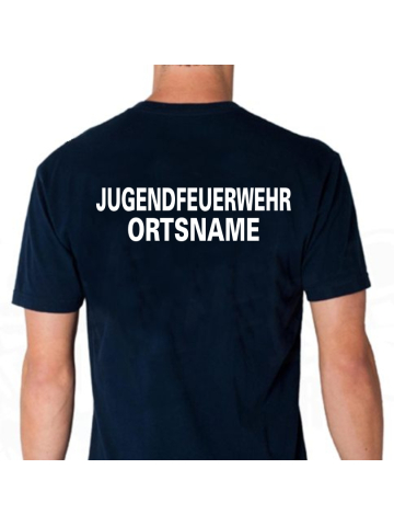T-Shirt marin, police de caractère "A" JUGENDFEUERWEHR avec nom de lieu