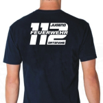 T-Shirt blu navy, font "CBJ1" JUGEND FEUERWEHR 112 e nome del luogo