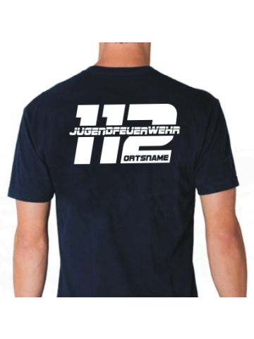 T-Shirt azul marino, fuente "CBJ3" JUGENDFEUERWEHR 112 y ponga su nombre