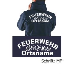 Hoodie navy, font "MF" (Flames in the middle) with place-name