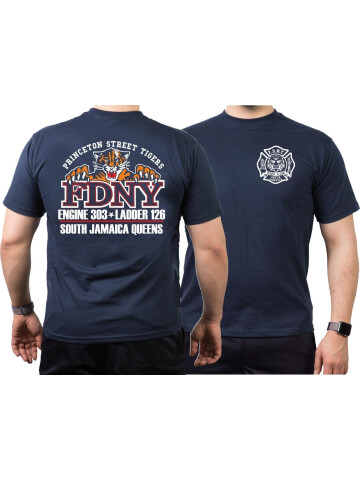 T-Shirt azul marino, New York City Fire Dept. Princeton St. Tigers South Jamaica Queens (E-303/L-126), XXL