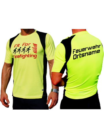 Laufshirt neonyellow, "Fit for Firefighting", Feuerwehr gerade+place-name Typ A, breathable