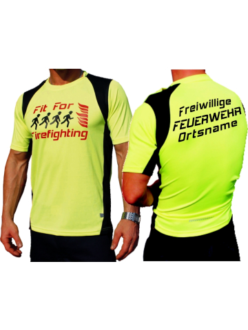 Laufshirt neonyellow, "Fit for Firefighting", Freiwillige Feuerwehr+place-name Typ C, breathable