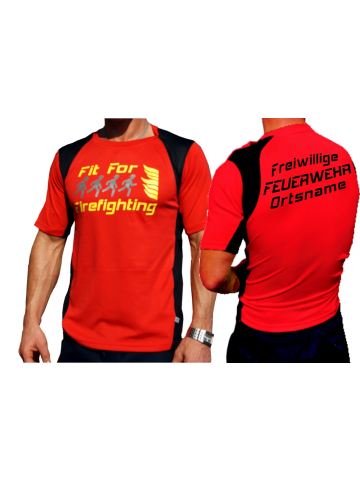 Laufshirt rouge, "Fit for Firefighting", Freiwillige Feuerwehr+nom de lieu Typ C, respirant