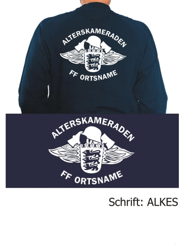 Sweat navy, Alterskameraden Feuerwehr Baden-Württemberg with place-name in white