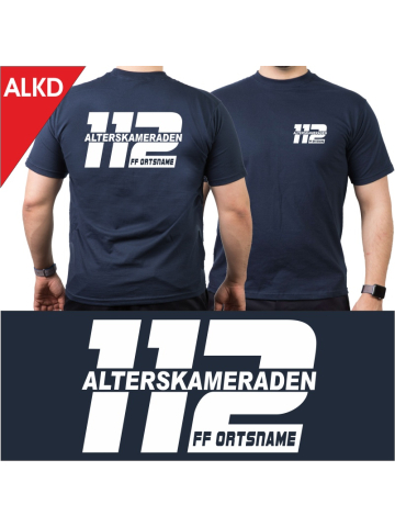 T-Shirt marin, Alterskameraddans avec nom de lieu innerhalb einer "112" dans blanc