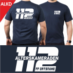 T-Shirt blu navy, Alterskameraden con nome del luogo innerhalb einer "112" nel bianco