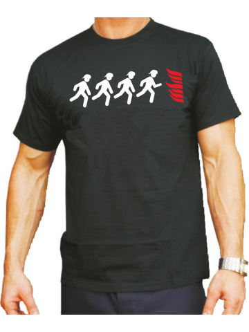 T-Shirt black, Feuerwehrmänner laufen zur Flamme (rot/weiss)