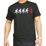 T-Shirt black, Feuerwehrmänner laufen zur Flamme (rot/weiss)