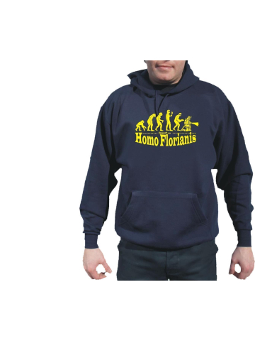 Hoodie navy, "Homo Florianis" in neongelb