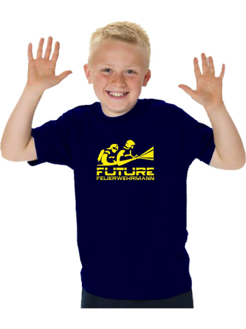 Kinder-T-Shirt azul marino, "FUTURE FEUERWEHRMANN" en neonamarillo
