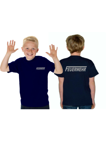 Kinder-T-Shirt navy, FEUERWEHR with long "F" in silver