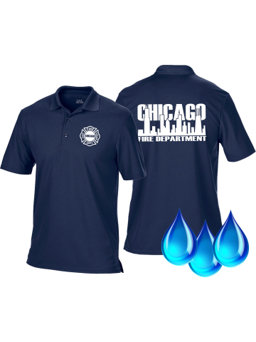 Funzionale-Polo blu navy, Chicago Fire Dept., bianco font con Skyline