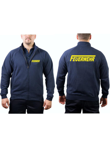 Sweat jacket navy, FEUERWEHR with long "F" in neonyellow