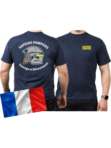 T-Shirt blu navy, Sapeurs Pompiers Casque - Courage et Dévouement - marque jaune