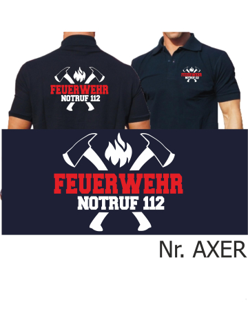 Polo navy, FEUERWEHR NOTRUF 112 with axes (white/red)