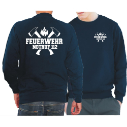 Sweat azul marino, FEUERWEHR NOTRUF 112 con ejes, en blanco