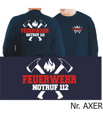 Sweat navy, FEUERWEHR NOTRUF 112 mit Äxten (weiß/rot)